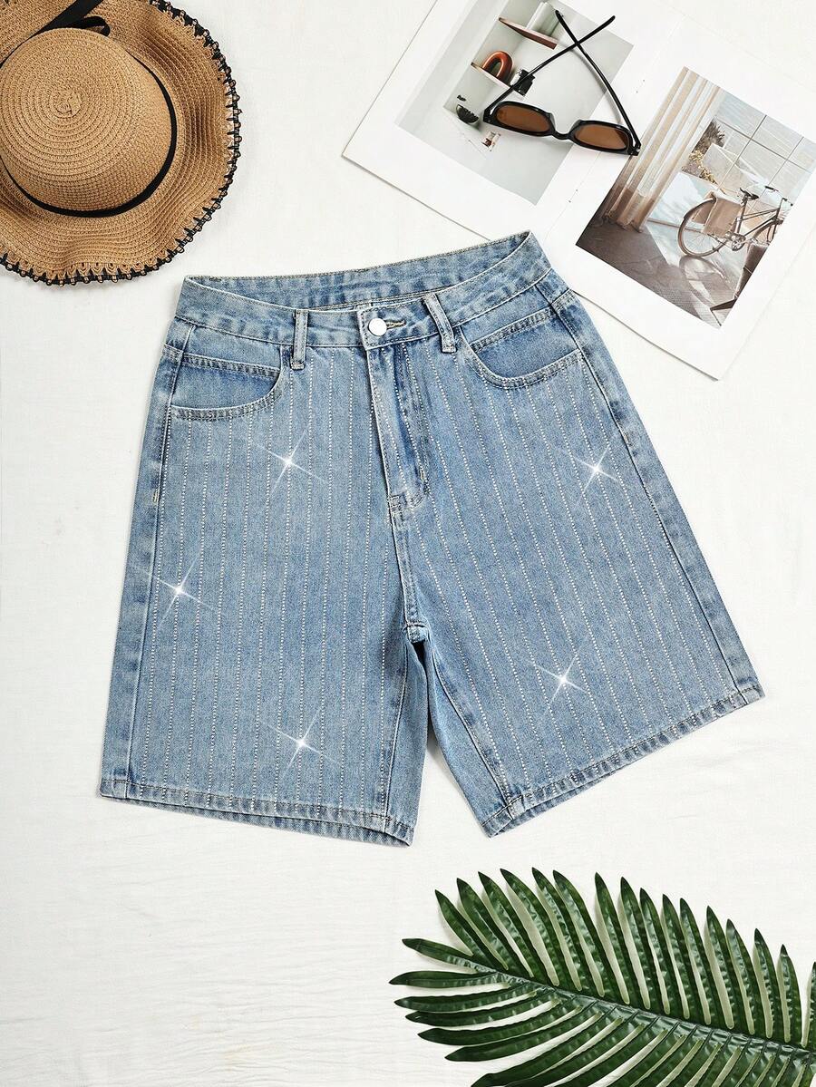 SHEIN Y2K Fashion Rhinestone Striped Washed Versatile Denim Shorts - Light Wash - View 1