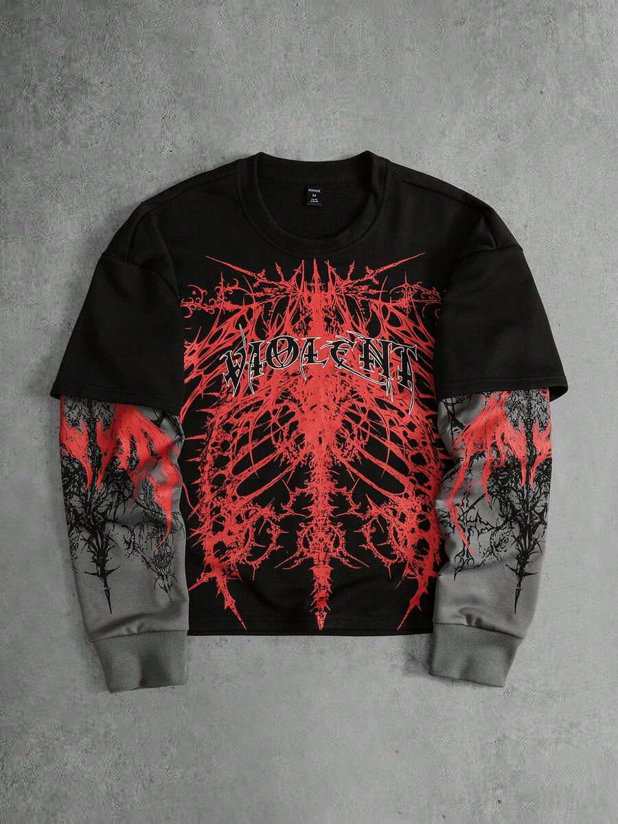 ROMWE MEN Camiseta de hombre con bloques de color, patchwork y estampado gótico - Negro - Ver 1