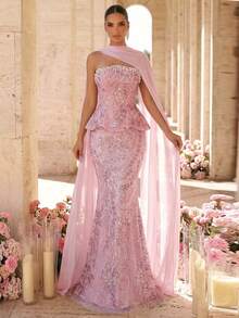 Glamrae Elegant Luxurious 3D Floral Beaded Sequin Lace Sexy Strapless Mermaid Gown For Wedding Events, Bachelorette Parties, Vacations, Holiday Evening Parties (Heavy Embellishment Style) - Pink - View 4