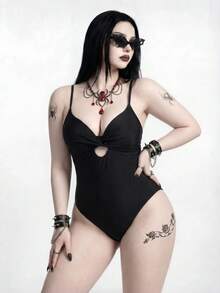 ROMWE Goth 2026新款哥德式暗黑極簡大尺碼連身泳衣 - 黑色 - 查看 4