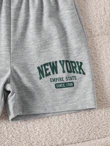 SHEIN Playful Pals Baby Boys Spring/Summer Pullover Sweatshirt & Sports Shorts Set, Pattern Accents, Suitable For Daily Outings, School Wear, Family Gatherings, Birthday Parties, Casual Photos, Outdoor Wear - Grey - View 3