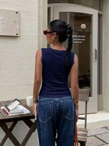 Siren Gaze Casual Minimalist Navy Blue Women's Tank Top Suitable For Summer - Navy Blue - View 3