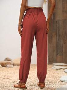 Breezaya Vacation Casual Solid Color Cuffed Long Pants - Red - View 2