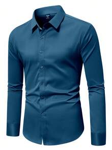 Manfinity Mode Men's Long Sleeve Single-Breasted Solid Color Minimalist Shirt, Formal - Teal Blue - View 3