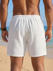 Manfinity RSRT Men's Solid Color Drawstring Waist Shorts With Pockets, Suitable For Summer Casual Shorts For Men, Holiday - White - View 2