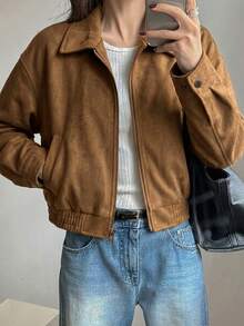 DAZY Chaqueta de cuero desgastado nueva de primavera, abrigo corto de San Valentín, chaqueta regular para mujer - Marrón - Ver 4