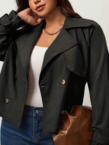 Enliva Plus Size Women Fashion Casual Loose Comfortable Daily Simple Versatile Classic Short Windbreaker Trench Coat, Simple Style Coat Spring, For Apple And Rounded Body Shape - Black - View 5