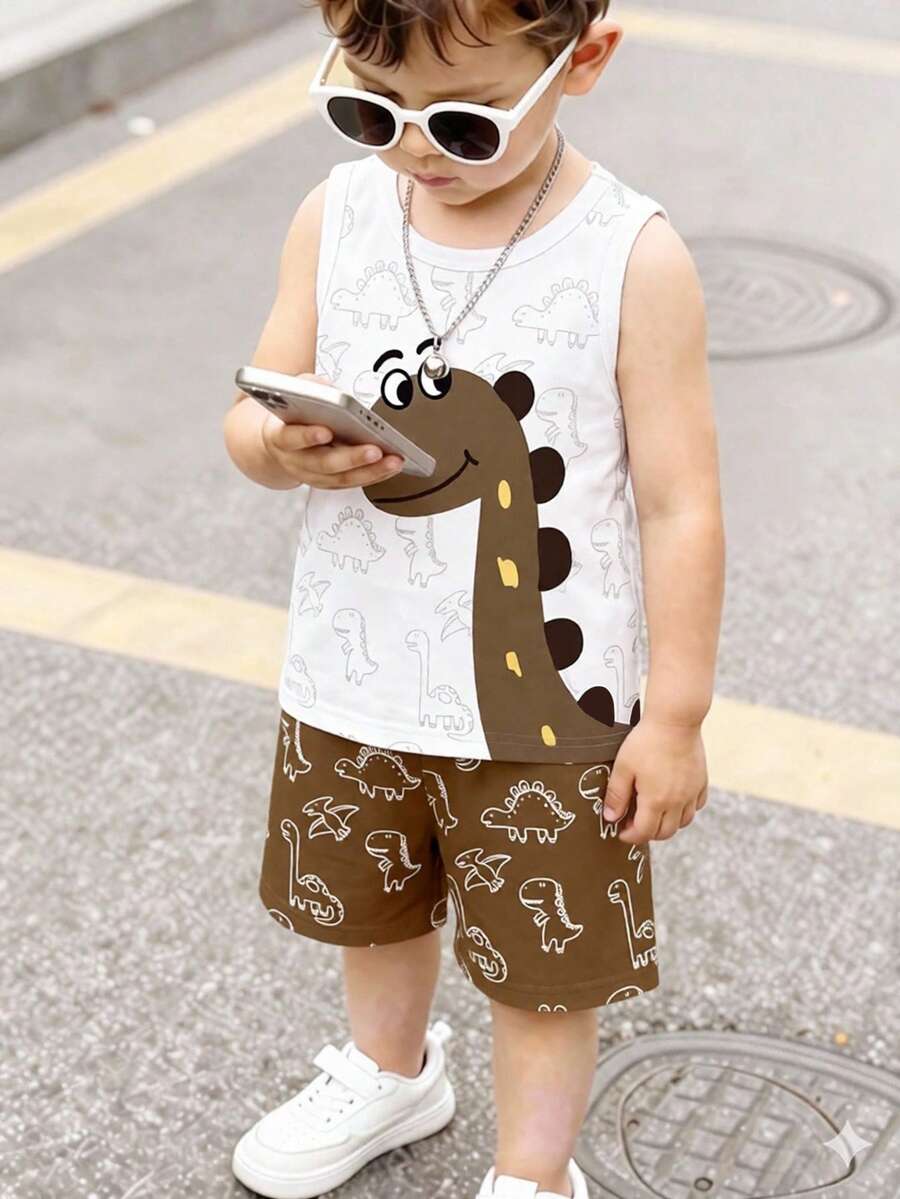 SHEIN Playful Pals 1套小男孩可愛休閒恐龍圖案印花背心搭配同款圖案印花短褲,適合夏季出遊 - 彩色 - 查看 1