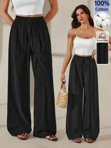SHEIN Tall 女款純色休閒直筒長褲 冬季黑色 春季 高個女性適用 - 黑色 - 查看 1