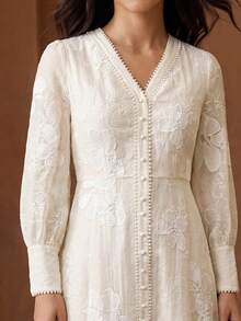 Anewsta Rochie lungă elegantă și romantică pentru femei, cu dantelă grea, brodată, cu decolteu în V, potrivită pentru serile formale, la modă, pentru ieșiri în oraș, pentru petreceri - Caisă - Vizualizare 2