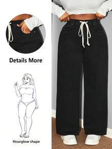 Hourglow Ceceforeign_ Plus Size Casual Solid Color Drawstring Waist Jeans, For Hourglass Body Shape - Black - View 1