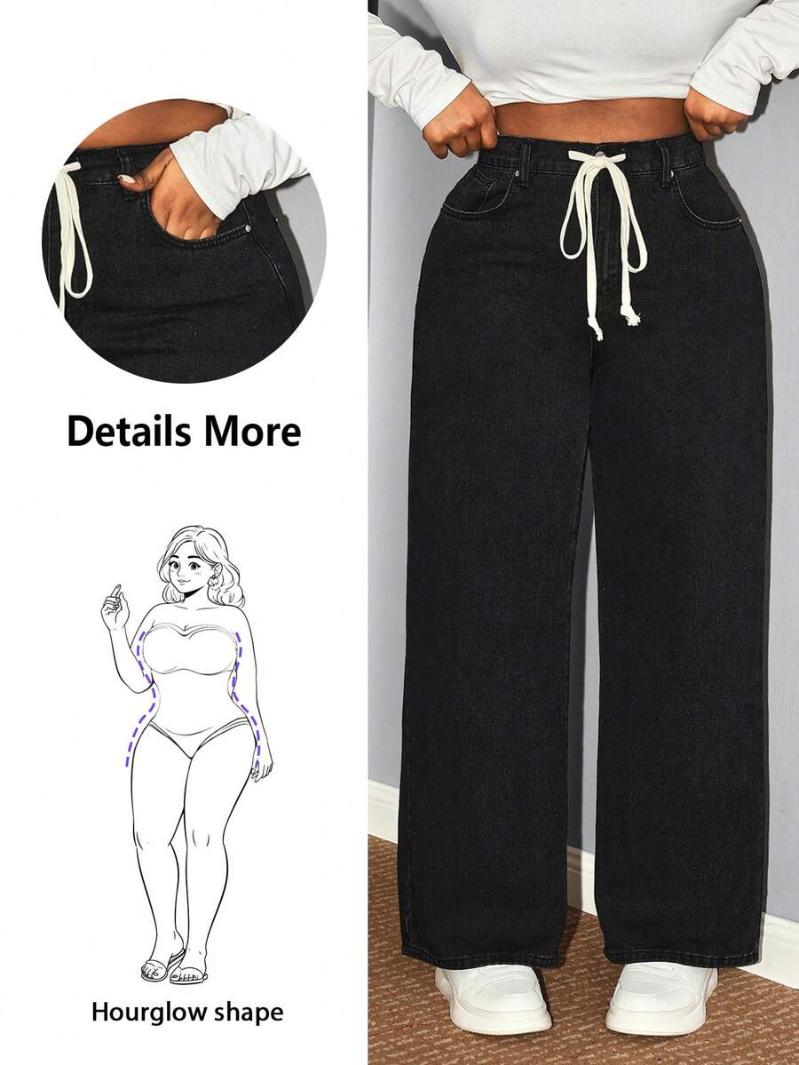 Hourglow Ceceforeign_ Plus Size Casual Solid Color Drawstring Waist Jeans, For Hourglass Body Shape - Black - View 1