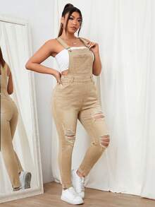 SHEIN EZwear 大码女式口袋破洞修身牛仔连体裤 - 卡其色 - 查看 5