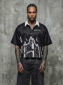 Manfinity ZONE917 Boxy Streetwear Loose Black Graffiti Flame Paris Big Ben Clock Tower Fun All-Over Print Short Sleeve Shirt - Multicolor - View 5