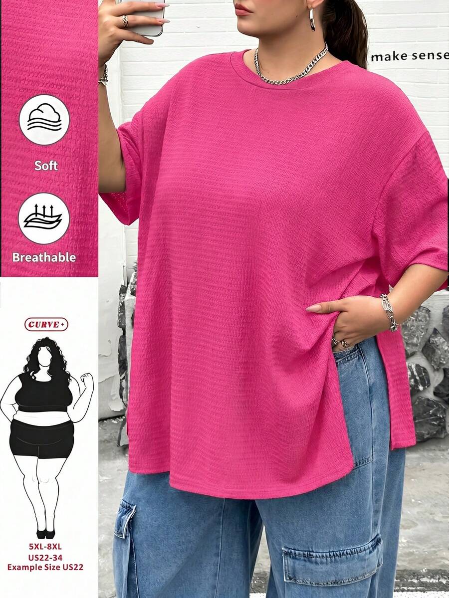 SHEIN CURVE+ 大尺碼女款春夏時尚休閒寬鬆舒適基本款日常黑色下擺開衩短袖T恤,簡約風格,外出上衣,大尺碼T恤,女款機場穿搭,歐洲夏/秋/冬 - 玫紅色 - 查看 1