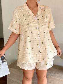 Napfluff CURVE Napfluff CURVE Lemon Plaid Print Lapel Open Front Short Sleeve Shorts Plus Size Women's Pajama Set - Yellow - View 4