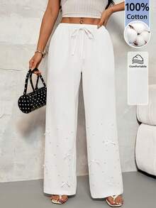 SHEIN PETITE Women's Casual Solid Color Beaded Bow Decor Pants ,Petite Women - White - View 5