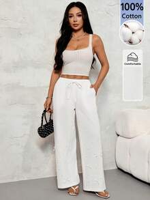 SHEIN PETITE Women's Casual Solid Color Beaded Bow Decor Pants ,Petite Women - White - View 6