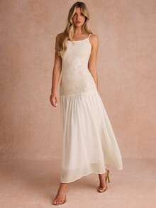 Enchnt Women's White Elegant Tropical Sequin Summer Lace Patchwork Spaghetti Strap Long Slip Dress,Dining Formal Vacation Party Wedding Prom Ceremony Dress - Beige - View 7