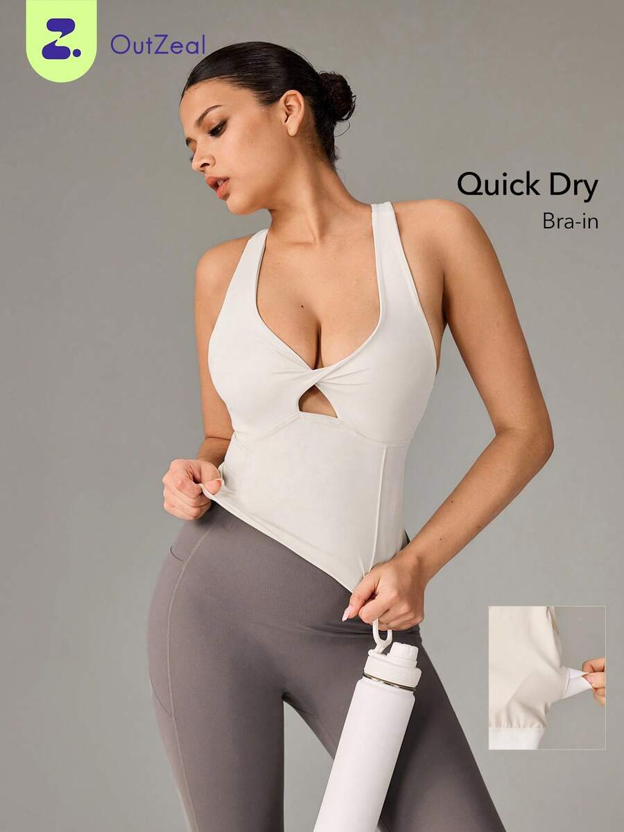 OutZeal Áo vest top nữ dạng bra thể thao tập luyện yoga, nhanh khô, mềm mịn như bơ, có đệm ngực rời, lưng racerback - Màu Khaki - Xem 1