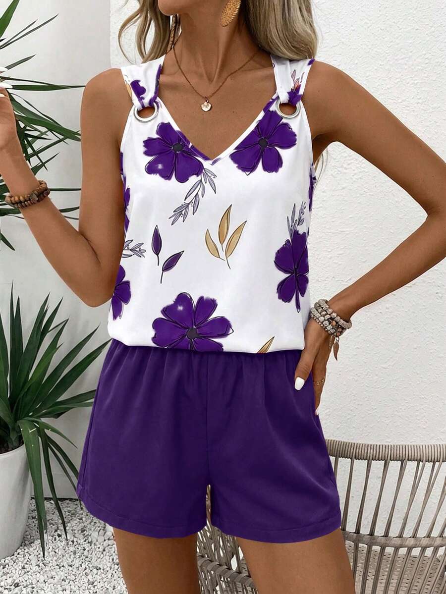 EMERY ROSE V-Neck Sleeveless Casual Minimalist Striped Women's 2 Pieces Set - Purple - View 1