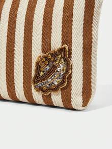 SHECARRY 女款時尚簡約夏季航海風棕色與白色條紋刺繡串珠貝殼裝飾化妝包 收納袋 洗漱包 - 棕白條紋(仿海螺) - 查看 6