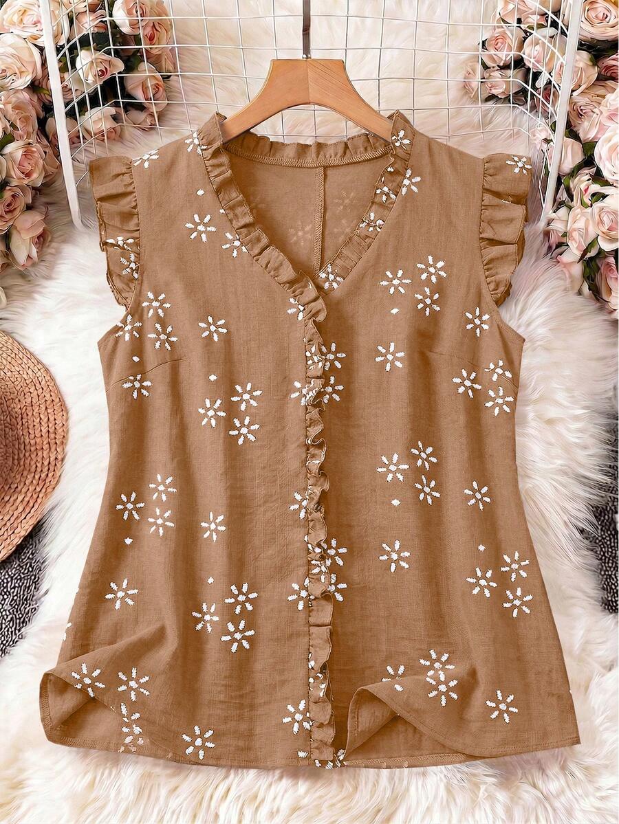 EMERY ROSE Plus Size V-Neck Sleeveless Frill Trim Faux Embroidery Blouse - Khaki - View 1