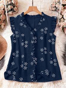 EMERY ROSE Blusa de talla grande con cuello en V, sin mangas, con volantes y bordado falso - Azul Marino - Ver 1