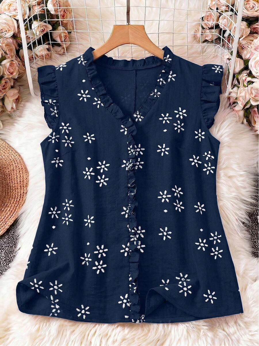EMERY ROSE Blusa de talla grande con cuello en V, sin mangas, con volantes y bordado falso - Azul Marino - Ver 1