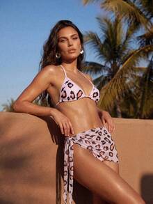 Anewsta Conjunto de bikini sexy de mujer con tirantes finos tipo halter, estampado de leopardo, para verano y playa - Multicolor - Ver 7