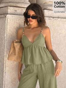 Siren Gaze Women's Solid Color Ruffle Hem Camisole Top And Pants 2 Pieces Set - Olive Green - View 5