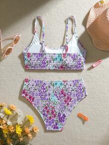 SHEIN Teen Girl Floral Print Bikini Set, Holiday Style, Random Print - Purple - View 2