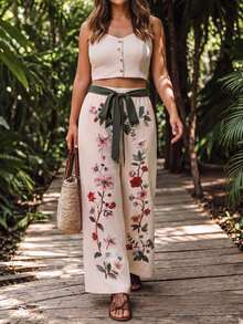 EMERY ROSE Plus Size Casual Boho Bohemian Vacation Floral Loose White Long Pants Straight Leg Wide Leg Bowknot Elastic Waist Autumn Formal - Multicolor - View 4