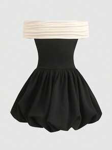 SHEIN Tween Girls Elegant Colorblock Asymmetrical Shoulder Ruched Puff Sleeve Dress, Suitable For Birthday Party, Back To School, Graduation Party - Black - View 2