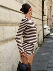 Siren Gaze Autumn Women Casual Brown Commuter Stripe Button Front Top Shorts Sets Y2k Going Out Streetwear Halloween Vintage Elegant Formal Back To School Work - Multicolor - View 5