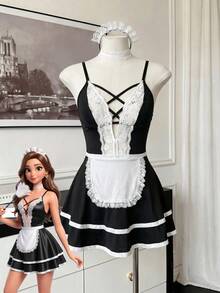 Fantasy Costume Fantasy Costume 標準尺寸 COS 女僕角色扮演蕾絲拼接牛奶絲內裙 + 圍裙 + 頸圈 3件組 - 黑與白 - 查看 4