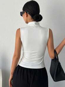 DAZY Women's Solid Color Pleated Summer Stand Collar Slim Fit Tank Top - White - View 7