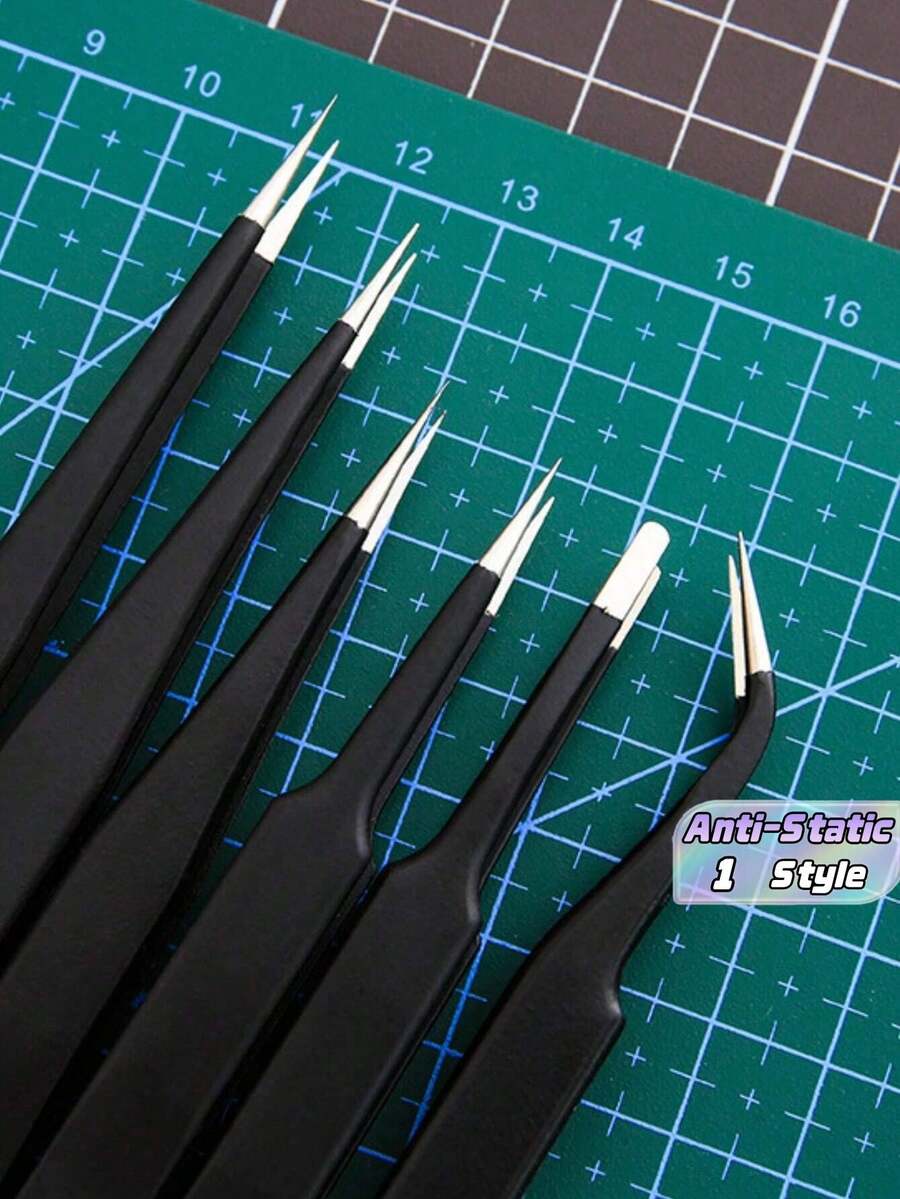 6pcs Anti-Static Black Tweezers Set, Precision Pointed And Bent Tip Stationery Tools, Planner DIY Kit, Back To School Supplies - Multicolor - View 1