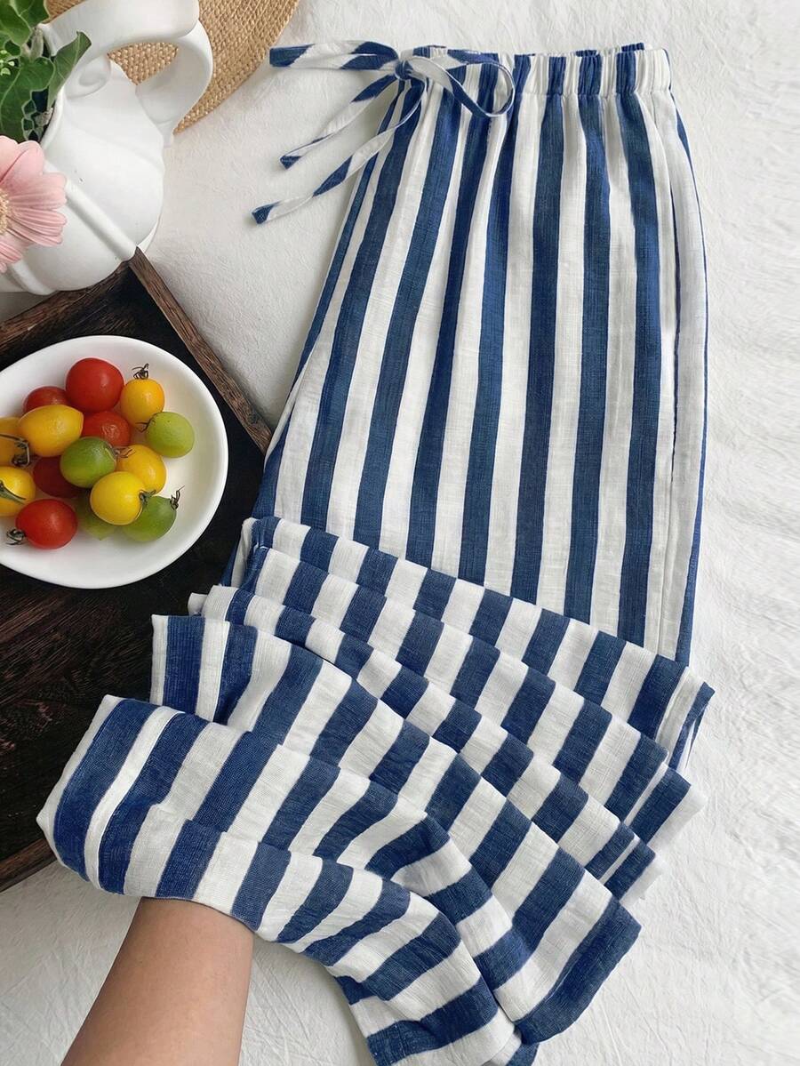 SHEIN EZwear 藍白條紋大尺碼女款腰部綁帶寬鬆長褲 - 藍色 - 查看 1