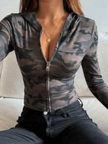 DAZY Veste de sport courte ajustée à manches longues avec fermeture éclair et imprimé camouflage pour l'extérieur en été et en automne - Militaire verte - Voir 3