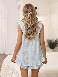 CottageSlumber Ditsy Floral Sleeveless Ruffle Trim Women's Pajama Set - Baby Blue - View 2