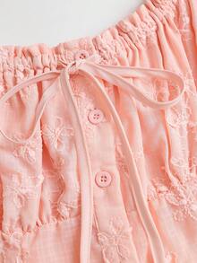 Sweetra Women's Summer Hollow Out Jacquard Solid Color Waist-Cinching Ruffle Tie Short Sleeve Blouse - Pink - View 4