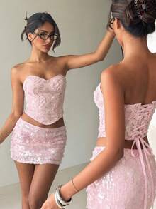 Aloruh Women's Pink Sequin Strapless Crop Top, Sparkly Glitter Tube Top, Sexy Tie-Up Backless Bandeau, Y2K Coquette Glam Style, Night Out Clubwear Concert Birthday Party, Date Vacation Music Festival, Summer Going Out Top - Pink - View 2