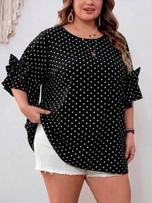 SHEIN CURVE+ 大尺碼夏季休閒波點印花蝴蝶結裝飾襯衫 - 黑與白 - 查看 3
