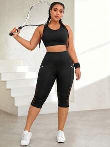 SHEIN Rhythm Era Plus Size Mesh Patchwork Sports Leggings - Black - View 4