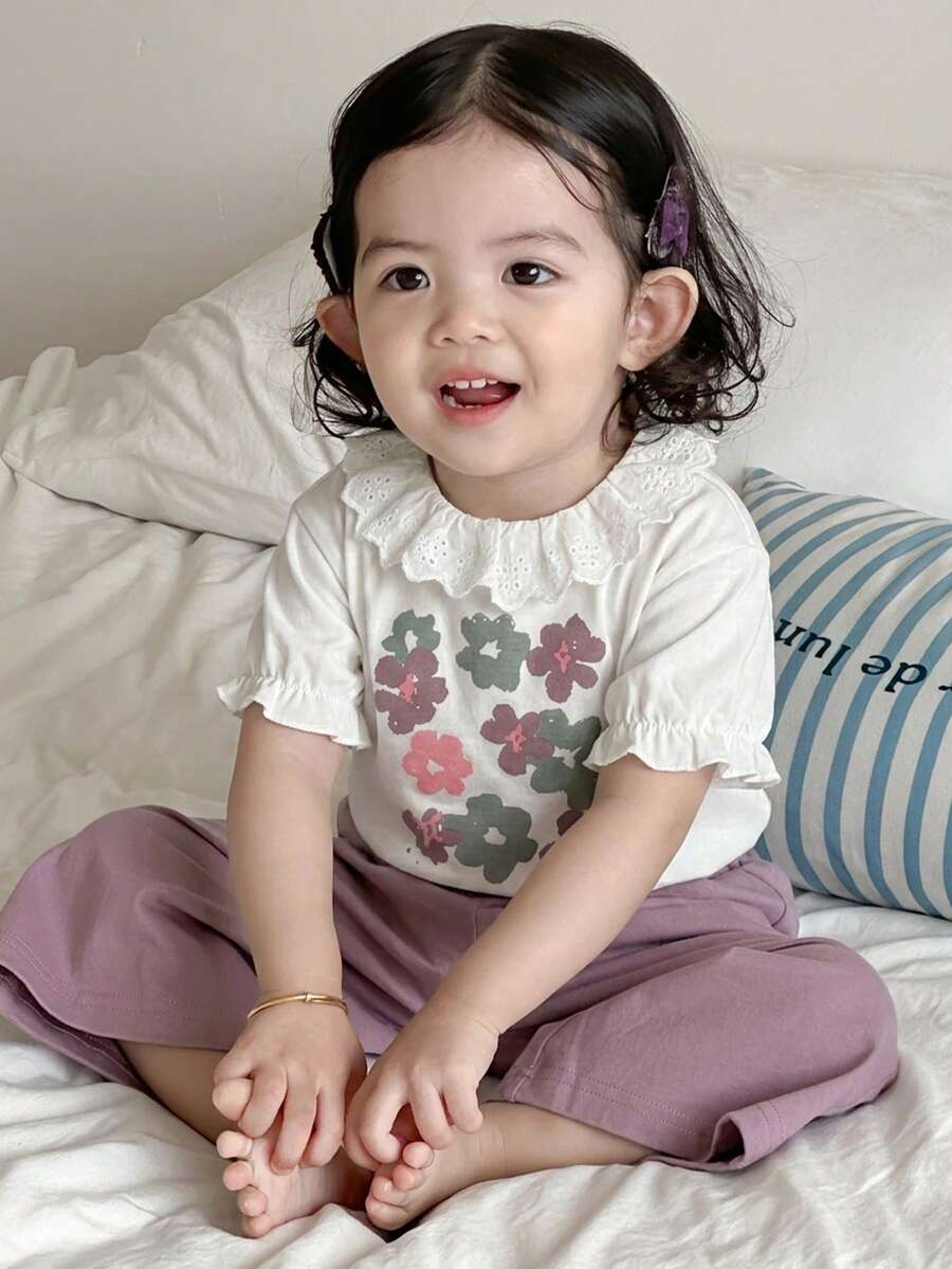Dazy Kids 女嬰圓領清新甜美印花短袖休閒家居服 夏季 - 淡紫色 - 查看 1