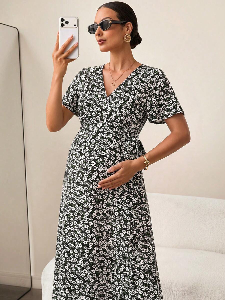 MaterniWear Maternity Summer Casual Ditsy Floral Dress - Black - View 1