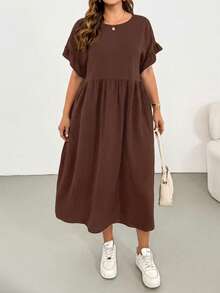 Shapeblank Plus-Size Women's Spring/Summer Fashionable Casual Loose Comfortable Everyday Basic Versatile Slimming Ruffled Sleeves Pocket Black Midi Dress,Simple Style,Summer Outfits,European Summer - Coffee Brown - View 4