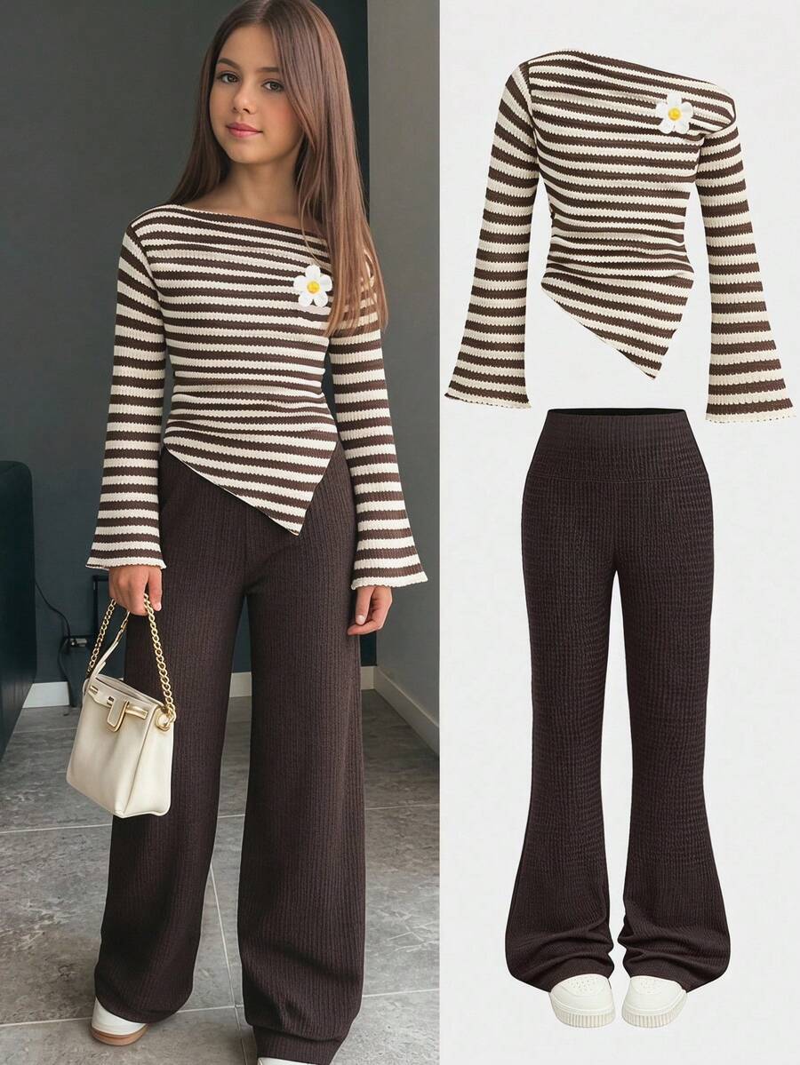 Firerie Kids Conjunto de 2 piezas para niña preadolescente con top de punto ajustado de manga larga con rayas color café y pantalones acampanados, adecuado para el hogar y exteriores, viajes al aeropuerto, uso diario casual - Multicolor - Ver 1