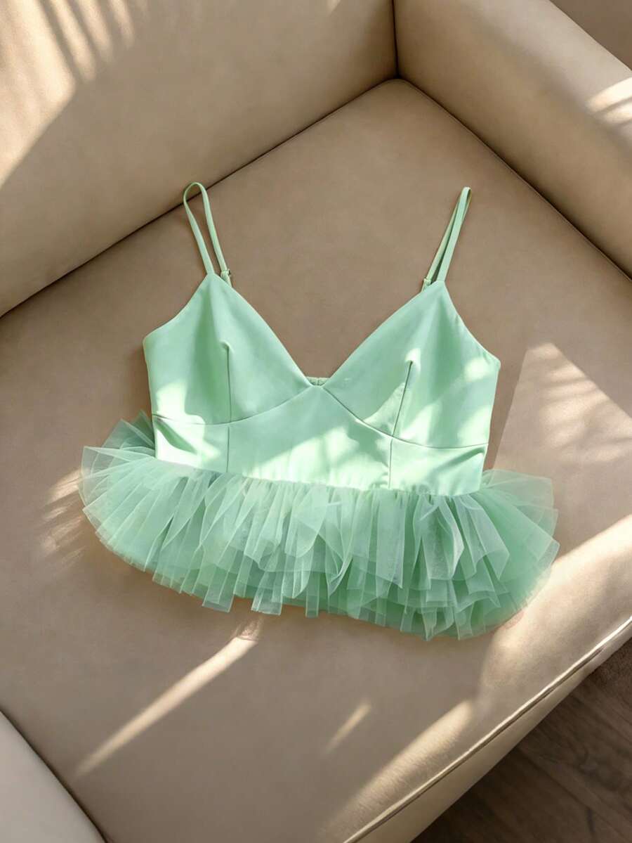 Franclia Áo camisole nữ màu trơn phối lưới, kiểu dáng thường ngày, đa năng, thích hợp cho buổi hẹn hò hoặc buổi tối. - Màu xanh Bạc hà - Xem 1